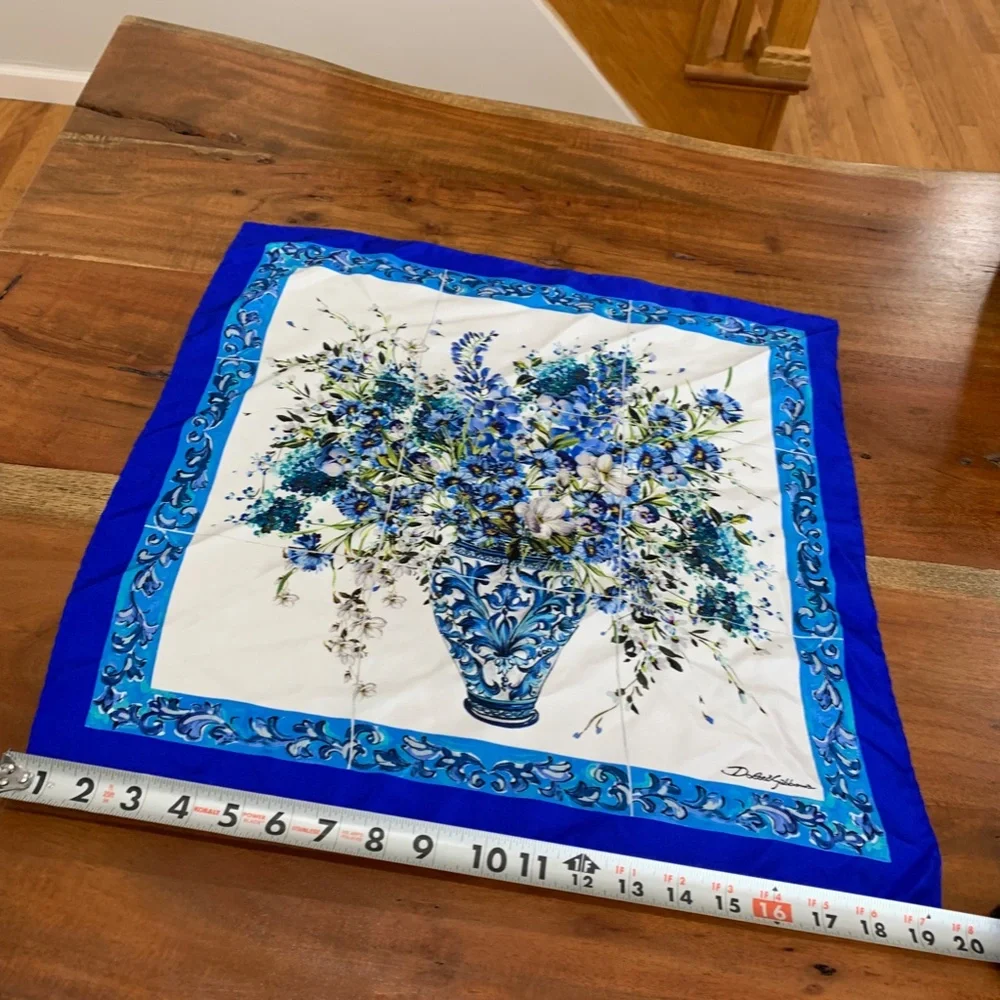 DOLCE & GABBANA Square Silk Scarf Blue white Vase floral flower 50x50 twilly D&G